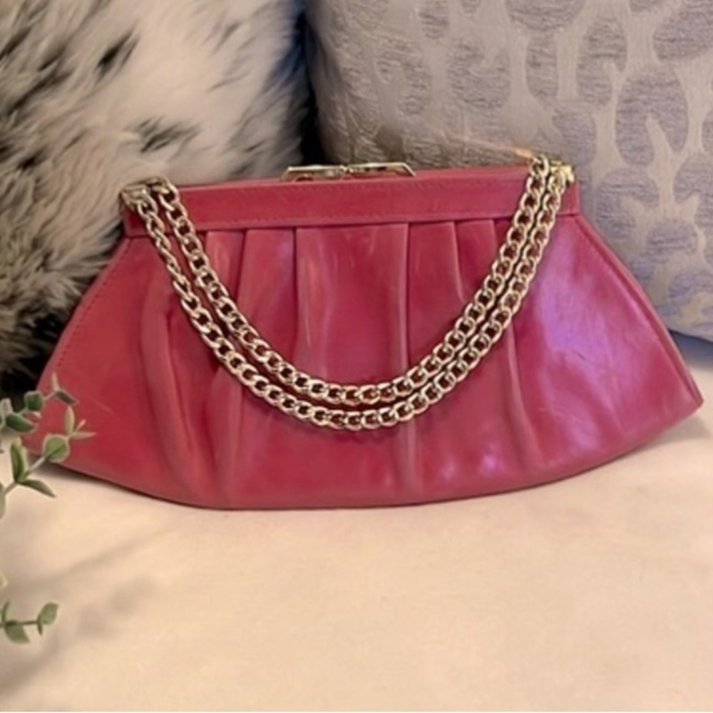 Jafferjees Vintage Pink Leather Pleated Chain Clutch Hand Bag Purse